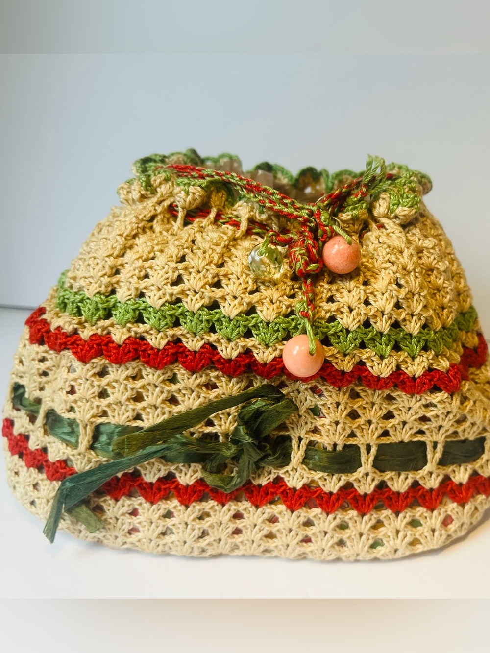 Vintage Handmade Crochet Cream Drawstring Pouch Bag